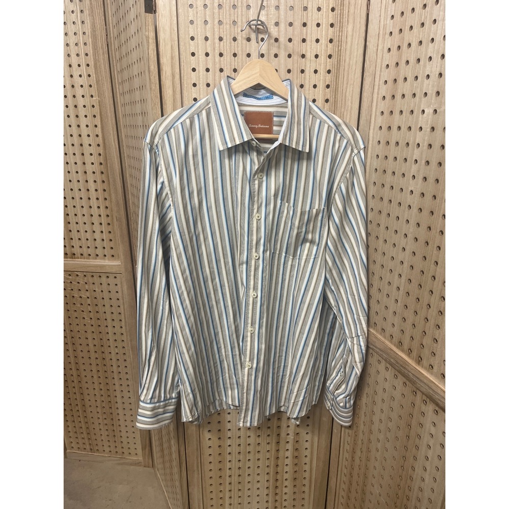 Tommy Bahama Mens Long Sleeve Button Down Shirt Blue Tan Striped Cotton Large